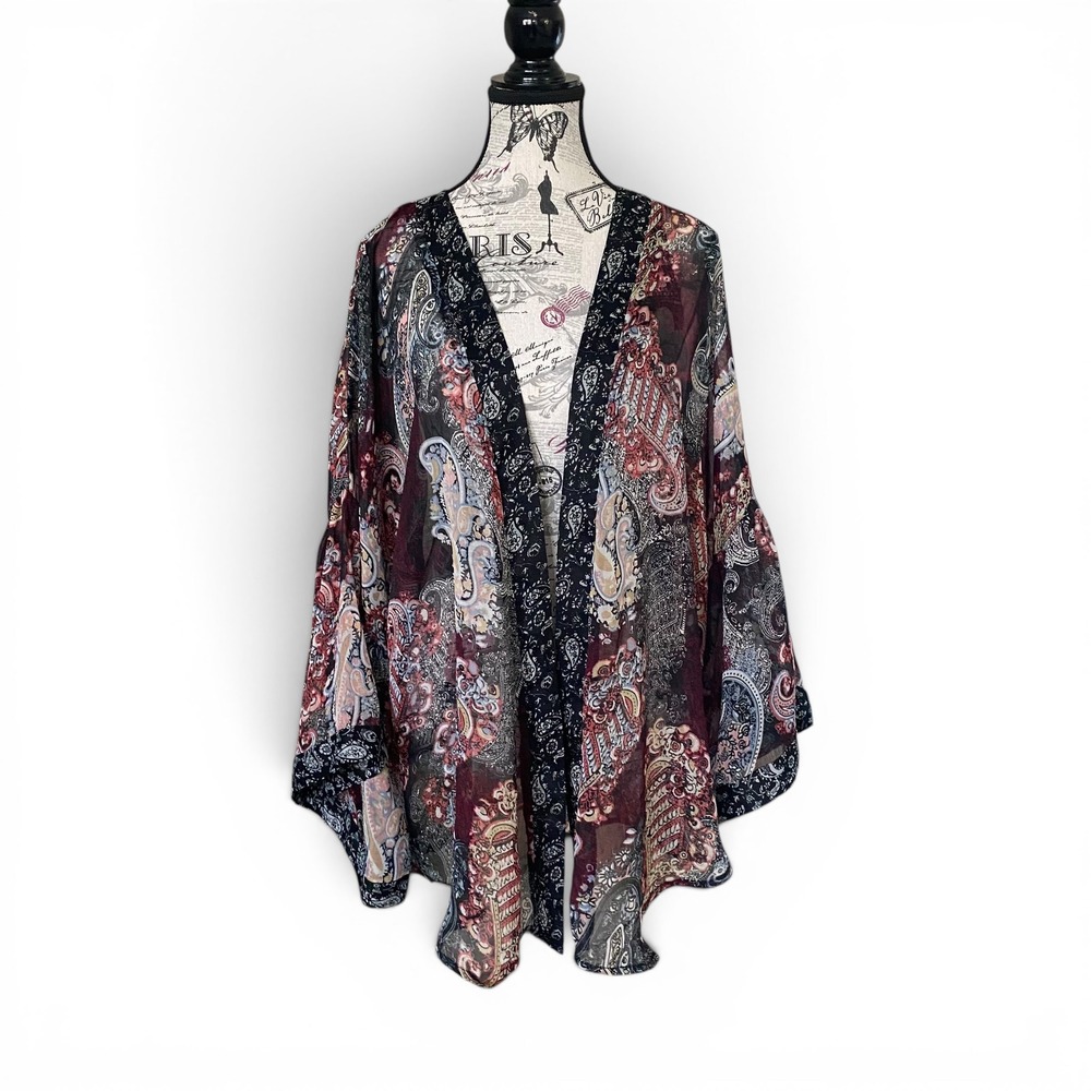 Unbranded Paisley Kimono Women OS Burgundy Navy Blue Sheer Bell Sleeve Wrap Boho